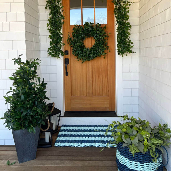 Best Doormat for Outside, Navy & Seafoam Cabana Stripes, Waterproof Outdoor Door Mats