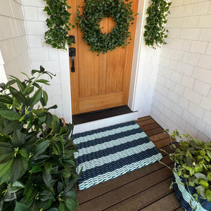 Top Rated Doormats, Doormats Outdoor Use, Navy & Seafoam Cabana Stripes, Wicked Good Doormats