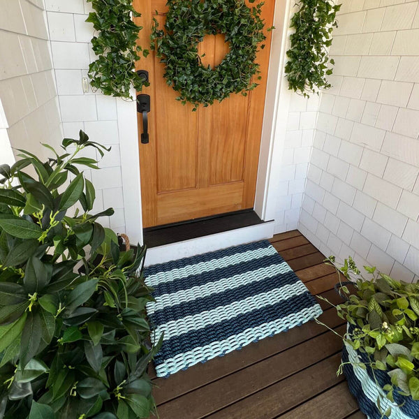 Top Rated Doormats, Doormats Outdoor Use, Navy & Seafoam Cabana Stripes, Wicked Good Doormats