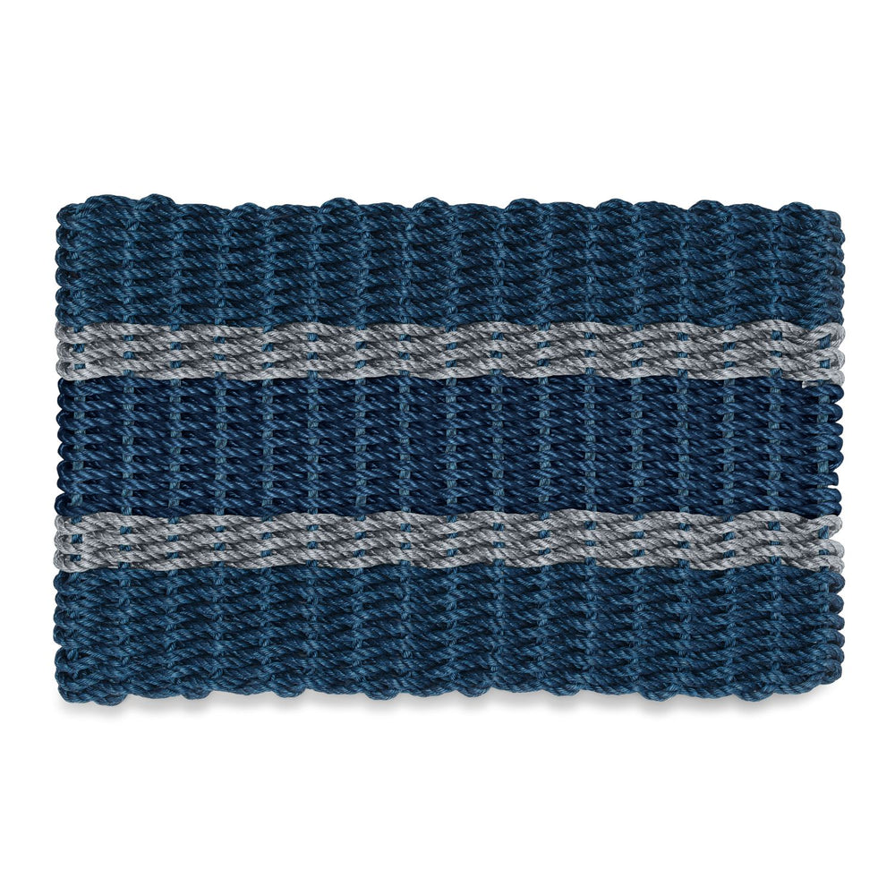 Lobster Rope Doormats, Outdoor Door Mats, Wicked Good Door Mats Made in Maine, Navy with 2 Silver Stripes