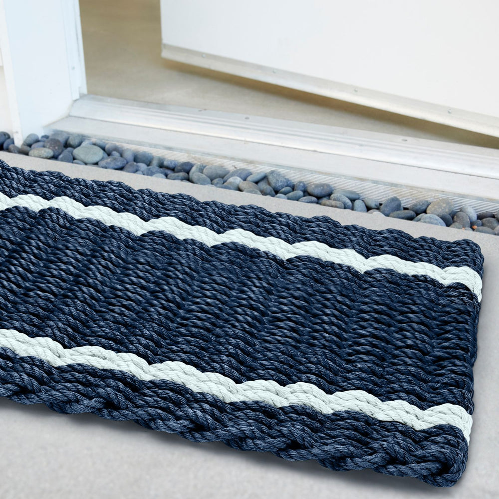Outdoor Mats for Front Door, Best Doormats in Navy with Seafoam Tailored Stripes, Lobster Rope Doormats