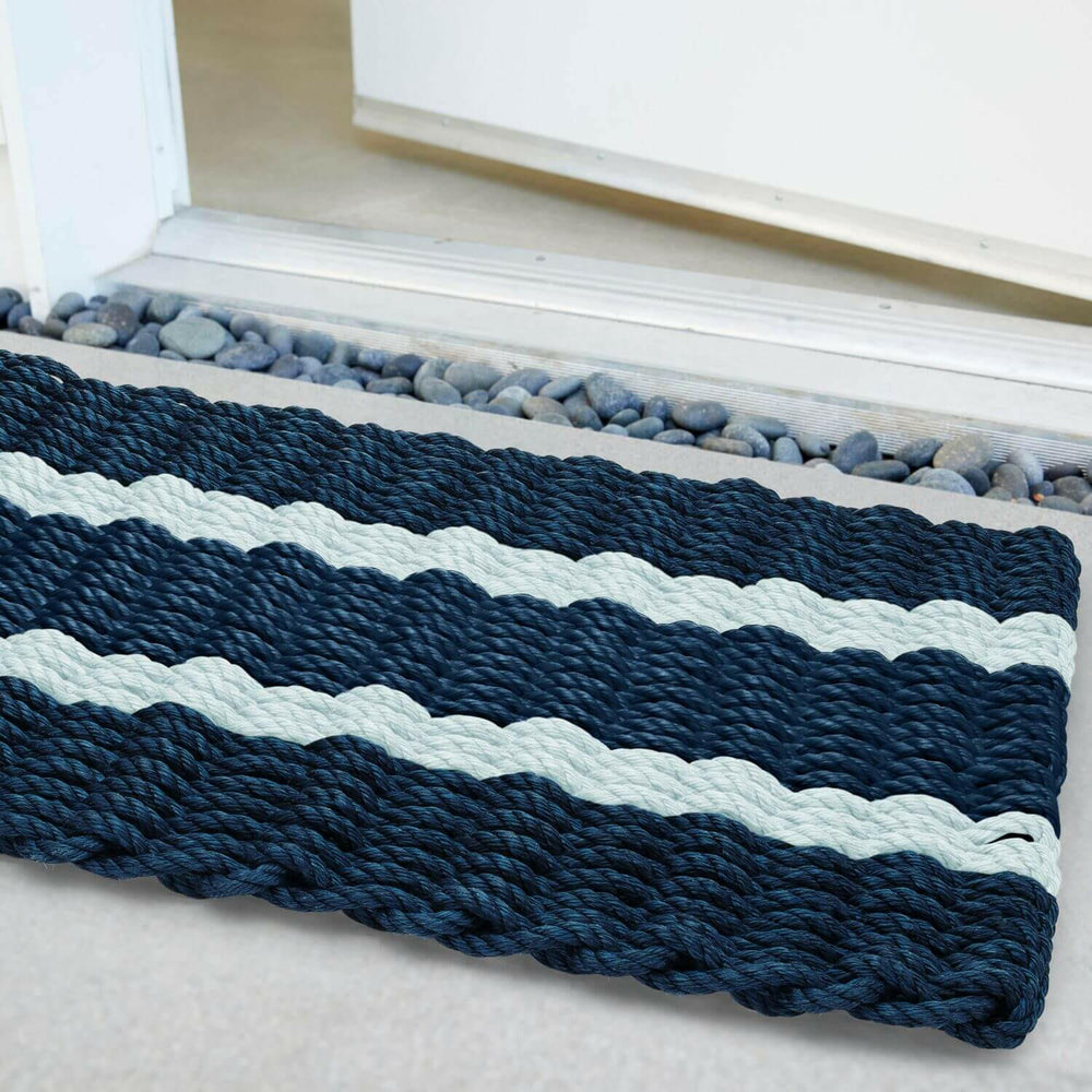 Lobster Rope Doormats, Outdoor Door Mats, Wicked Good Door Mats Made in Maine, Navy with 2 Seafoam Stripes