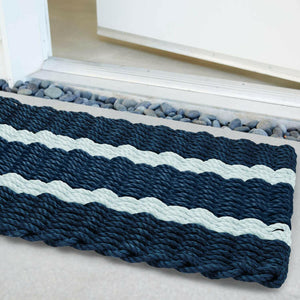 Lobster Rope Doormats, Outdoor Door Mats, Wicked Good Door Mats Made in Maine, Navy with 2 Seafoam Stripes, Angled View in Front Door