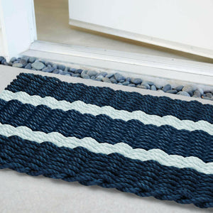Lobster Rope Doormats, Outdoor Door Mats, Wicked Good Door Mats Made in Maine, Navy with 2 Seafoam Stripes, Close Up View in Front Door