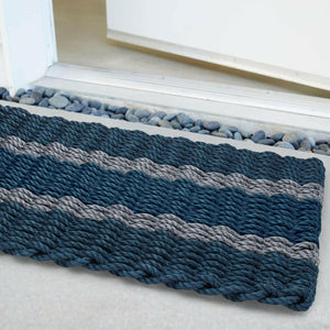 Lobster Rope Doormats, Outdoor Door Mats, Wicked Good Door Mats Made in Maine, Navy with 2 Silver Stripes, Angled View in Front Door