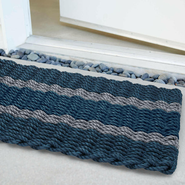 Lobster Rope Doormats, Outdoor Door Mats, Wicked Good Door Mats Made in Maine, Navy with 2 Silver Stripes, Angled View in Front Door