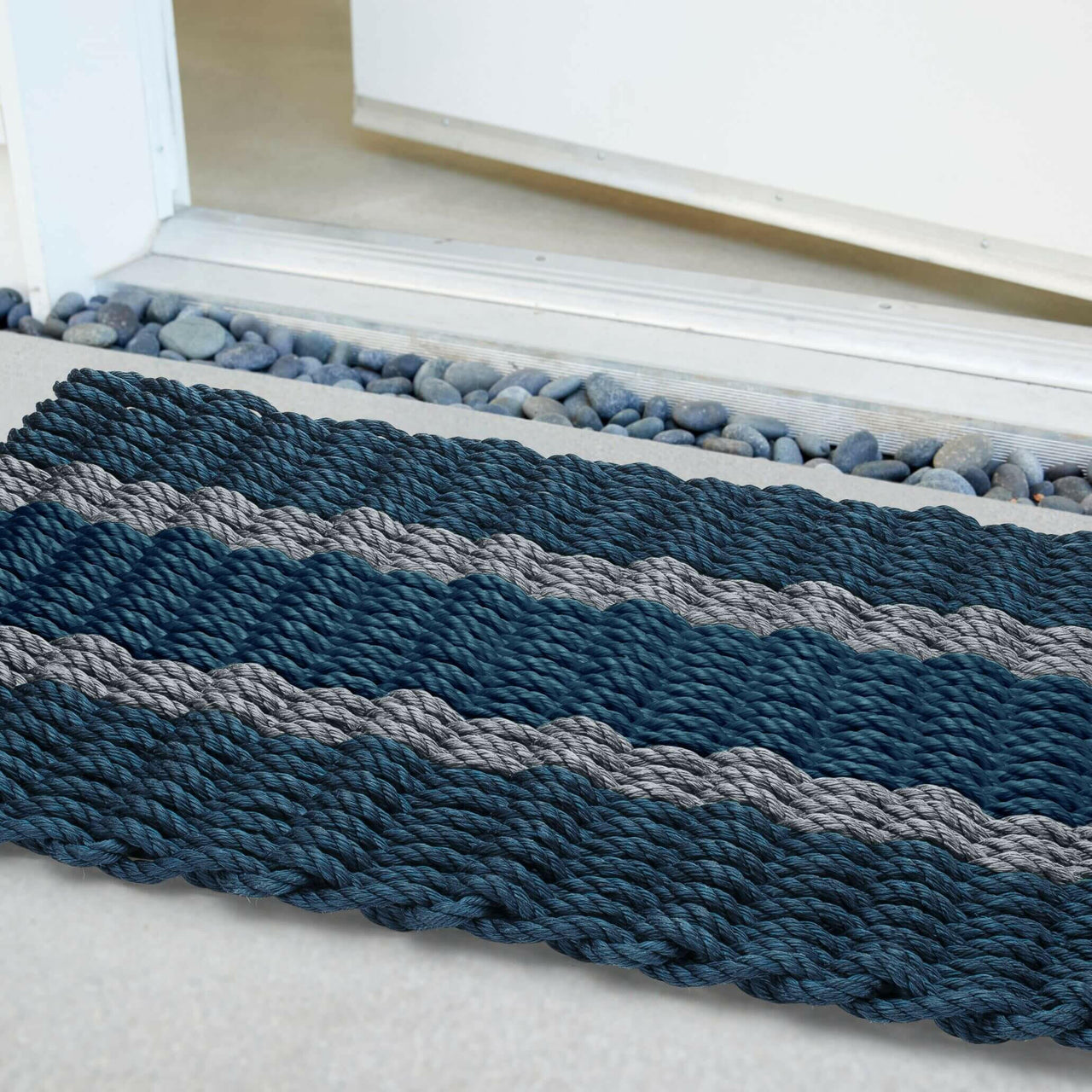 Lobster Rope Doormats, Outdoor Door Mats, Wicked Good Door Mats Made in Maine, Navy with 2 Silver Stripes, Close Up View in Front Door