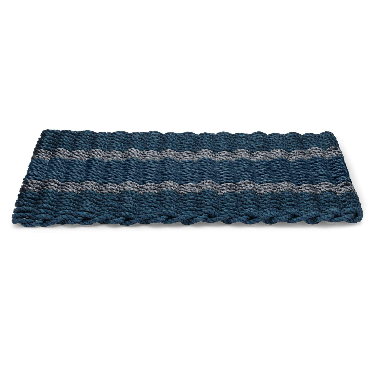 Lobster Rope Doormats, Outdoor Door Mats, Wicked Good Door Mats Made in Maine, Navy with 2 Silver Stripes