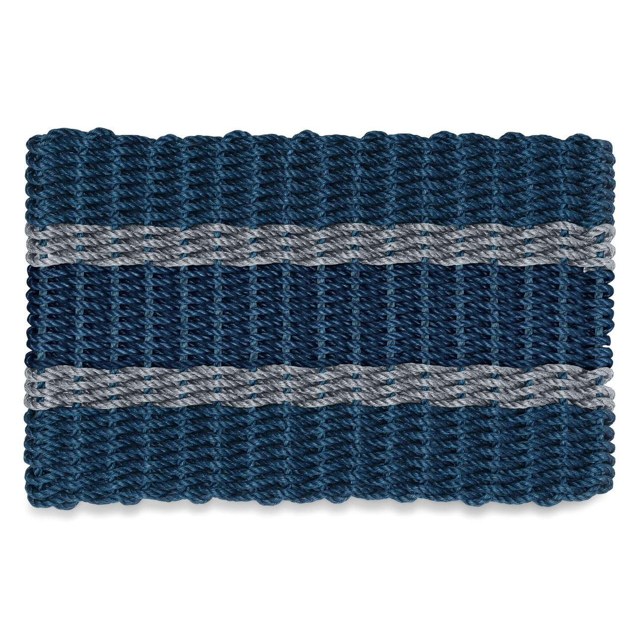 Lobster Rope Doormats, Outdoor Door Mats, Wicked Good Door Mats Made in Maine, Navy with 2 Silver Stripes