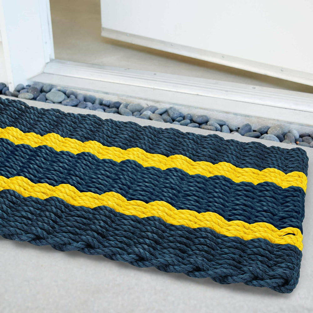 Lobster Rope Doormats, Outdoor Door Mats, Wicked Good Door Mats Made in Maine, Navy with 2 Yellow Stripes