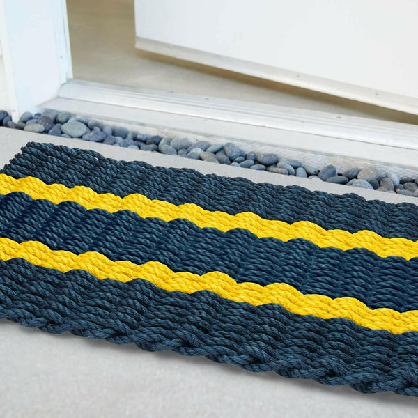 Lobster Rope Doormats, Outdoor Door Mats, Wicked Good Door Mats Made in Maine, Navy with 2 Yellow Stripes, Close Up View in Front Door