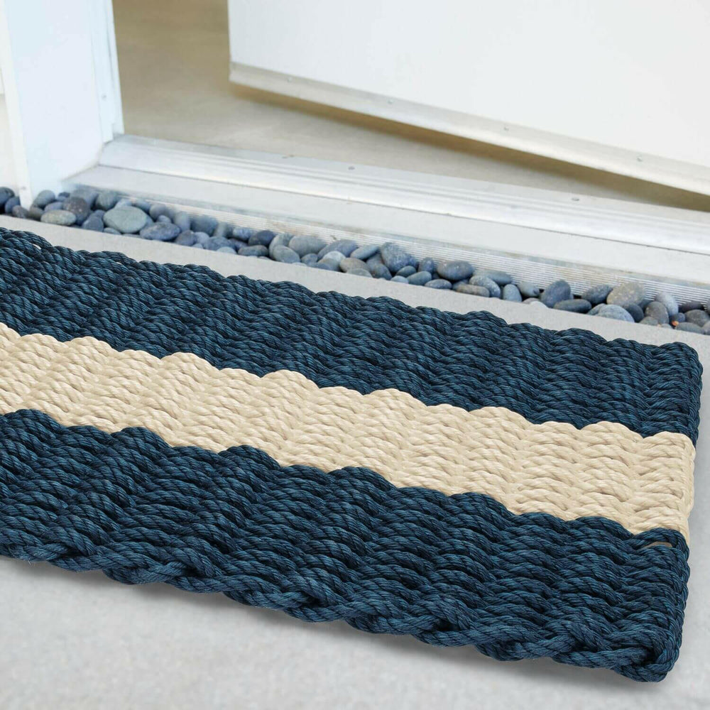 Lobster Rope Doormats, Outdoor Door Mats, Wicked Good Door Mats Made in Maine, Navy with Light Tan Stripe