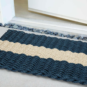 Lobster Rope Doormats, Outdoor Door Mats, Wicked Good Door Mats Made in Maine, Navy with Light Tan Stripe, Close Up View in Front Door
