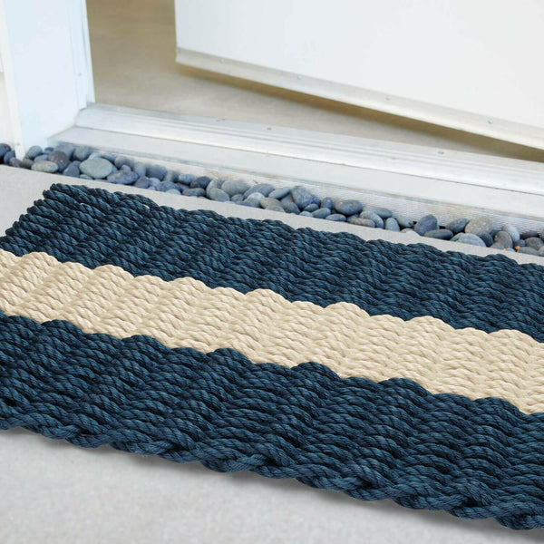 Lobster Rope Doormats, Outdoor Door Mats, Wicked Good Door Mats Made in Maine, Navy with Light Tan Stripe, Close Up View in Front Door