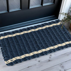 Outdoor Mats for Front Door, Lobster Rope Doormats in Navy with Light Tan Tailored Stripes Wicked Good Doormats