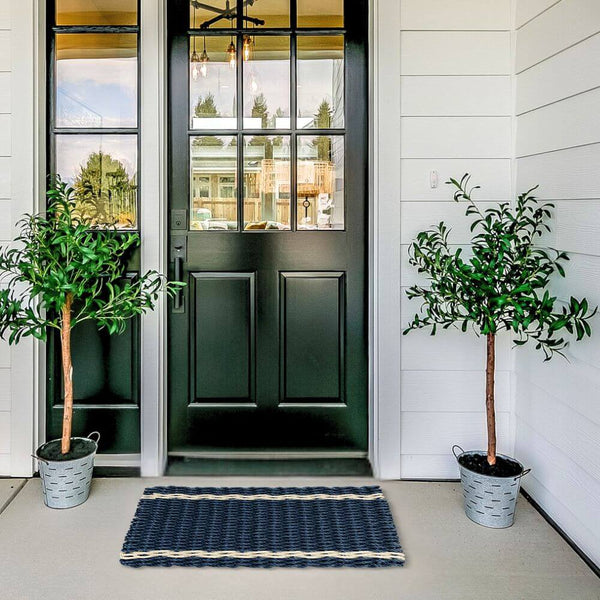 Lobster Rope Doormats, Outside Doormat for Front Door in Navy with Light Tan Tailored Stripes, Wicked Good Doormats