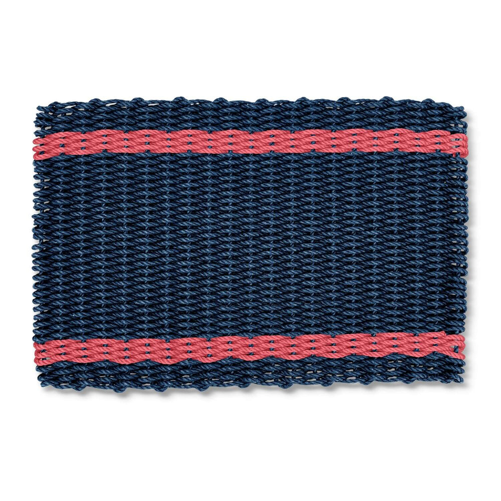 Welcome Mat for Outdoors, Wicked Good Lobster Rope Doormat in Navy with Nantucket Red Tailored Stripes, Waterproof Outdoor Door Mats