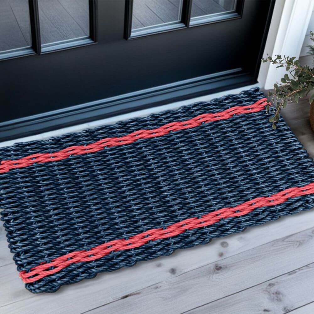 Welcome Mat for Outdoors, Wicked Good Lobster Rope Doormat in Navy with Nantucket Red Tailored Stripes, Waterproof Outdoor Door Mats