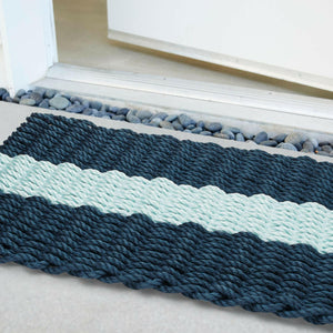 Lobster Rope Doormats, Outdoor Door Mats, Wicked Good Door Mats Made in Maine, Navy with Seafoam Stripe, Close Up View in Front Door