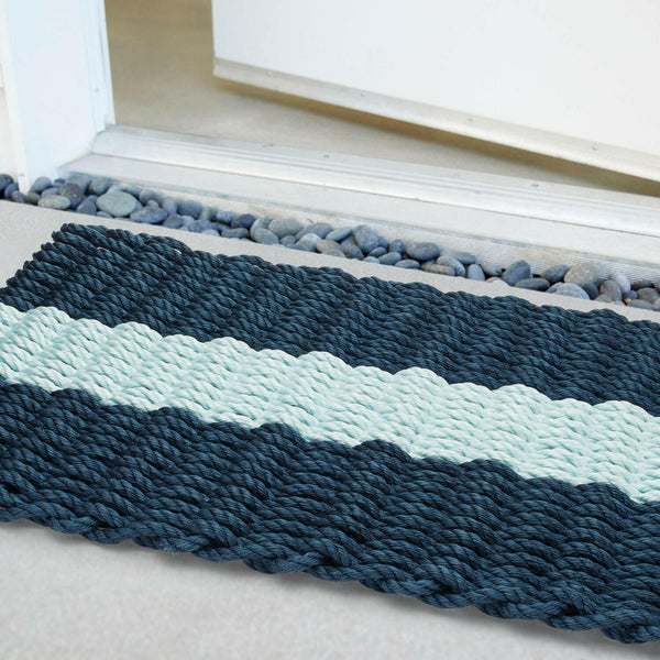 Lobster Rope Doormats, Outdoor Door Mats, Wicked Good Door Mats Made in Maine, Navy with Seafoam Stripe, Close Up View in Front Door
