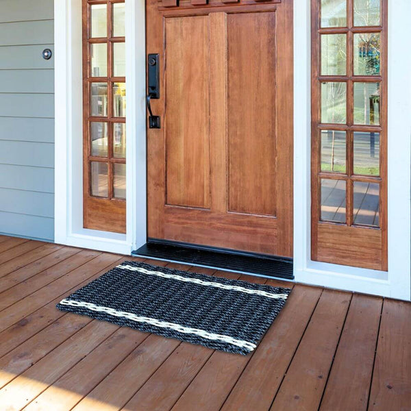 Front Door Mats Outdoor, Top-Rated Doormats in Navy with Seafoam Tailored Stripes, Wicked Good Doormats