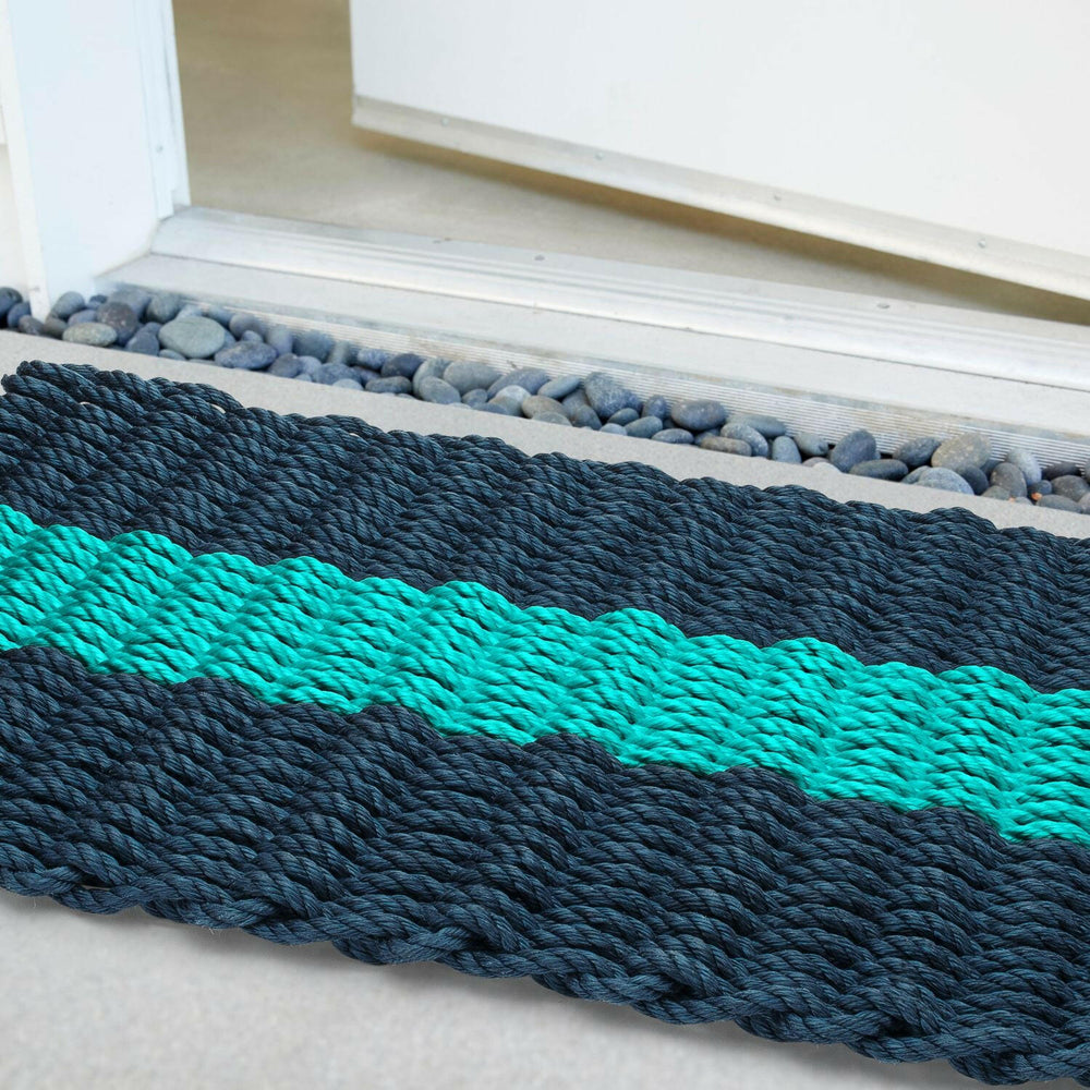 Lobster Rope Doormats, Outdoor Door Mats, Wicked Good Door Mats Made in Maine, Navy with Teal Stripe
