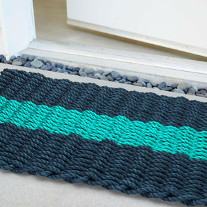 Lobster Rope Doormats, Outdoor Door Mats, Wicked Good Door Mats Made in Maine, Navy with Teal Stripe, Close Up View in Front Door