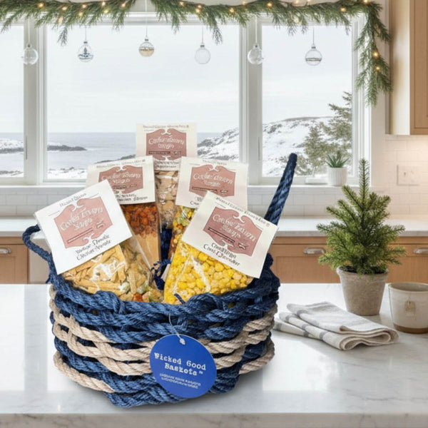 Handwoven Lobster Rope basket made from durable, brightly colored nautical rope with a sturdy base. Water- and mildew-resistant, suitable for storage, décor, picnics, or beach use.