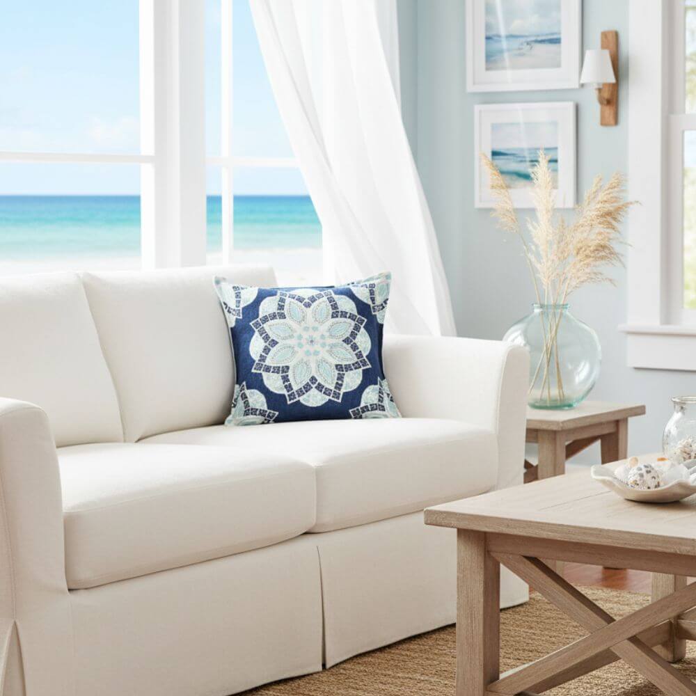 Coastal Floral Cotton Pillow, Indigo & Surf Coastal Accent (20 × 20), Decorative Coastal Pillow