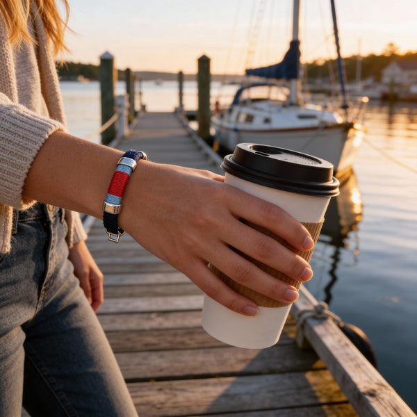 Coastal-inspired cotton rope bracelet with silver-plated clasp.