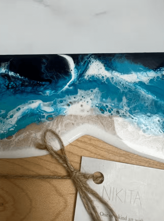 Ocean Wave Resin Cheese Board, Charcuterie Board, 8 x 7, Close Up View