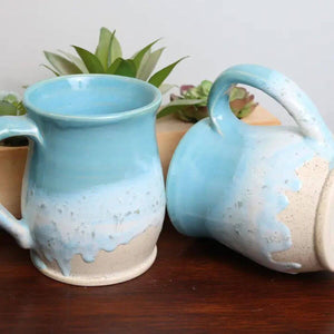 Two ocean ceramic mugs glazed in beautiful layered blues, 12-14 oz capacity