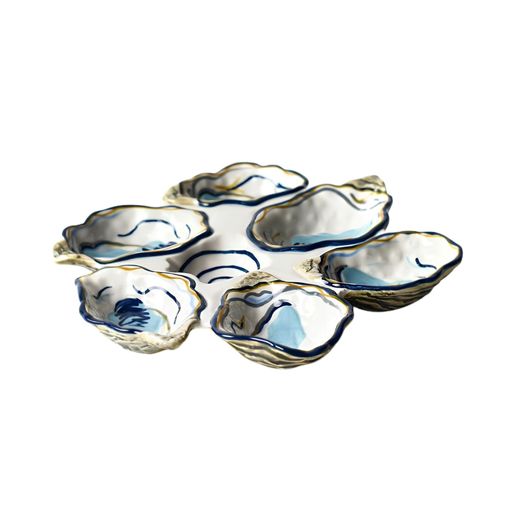 Six-Oyster Platter, Half Dozen Oyster Platter, Ceramic Oyster Serving Tray, Seafood Platter with Sauce Bowl, Coastal Entertaining Serveware