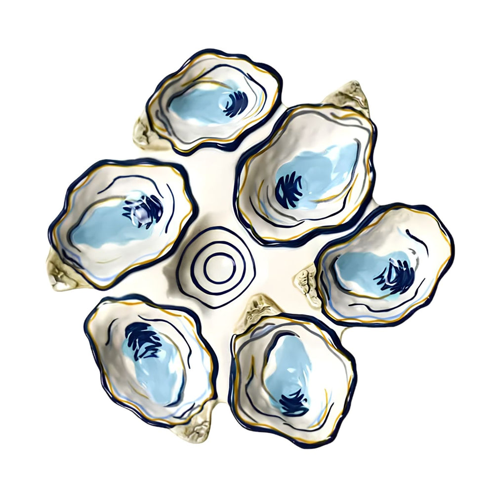 Six-Oyster Platter, Half Dozen Oyster Platter, Ceramic Oyster Serving Tray, Seafood Platter with Sauce Bowl, Coastal Entertaining Serveware