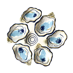 Six-Oyster Platter, Half Dozen Oyster Platter, Ceramic Oyster Serving Tray, Seafood Platter with Sauce Bowl, Coastal Entertaining Serveware