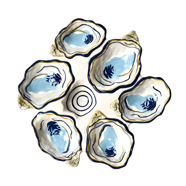 Six-Oyster Platter, Half Dozen Oyster Platter, Ceramic Oyster Serving Tray, Seafood Platter with Sauce Bowl, Coastal Entertaining Serveware