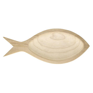 Paulownia wood fish tray, available in 2 sizes. Lightweight coastal serving tray perfect for appetizers, seafood nights, and beach house entertaining.