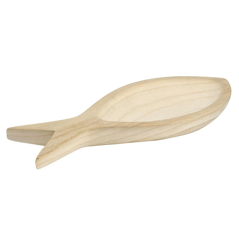 Paulownia wood fish tray, available in 2 sizes. Lightweight coastal serving tray perfect for appetizers, seafood nights, and beach house entertaining.