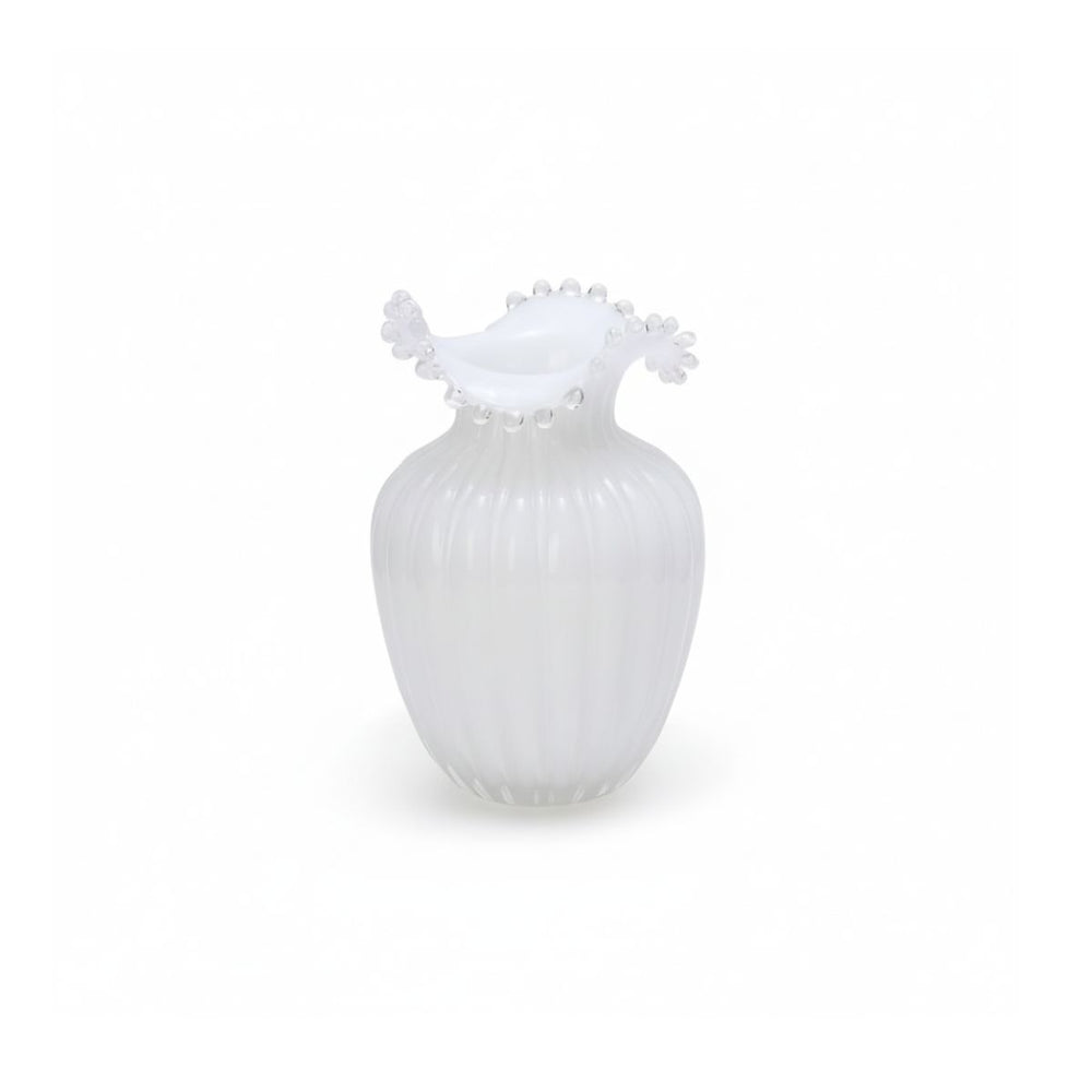 Decorative glass vase in soft pearl white tone, perfect for shelf or entryway accent décor.
