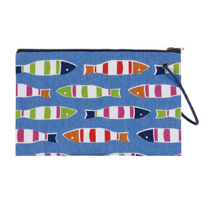 Full view of fish print wristlet pouch with zipper and strap