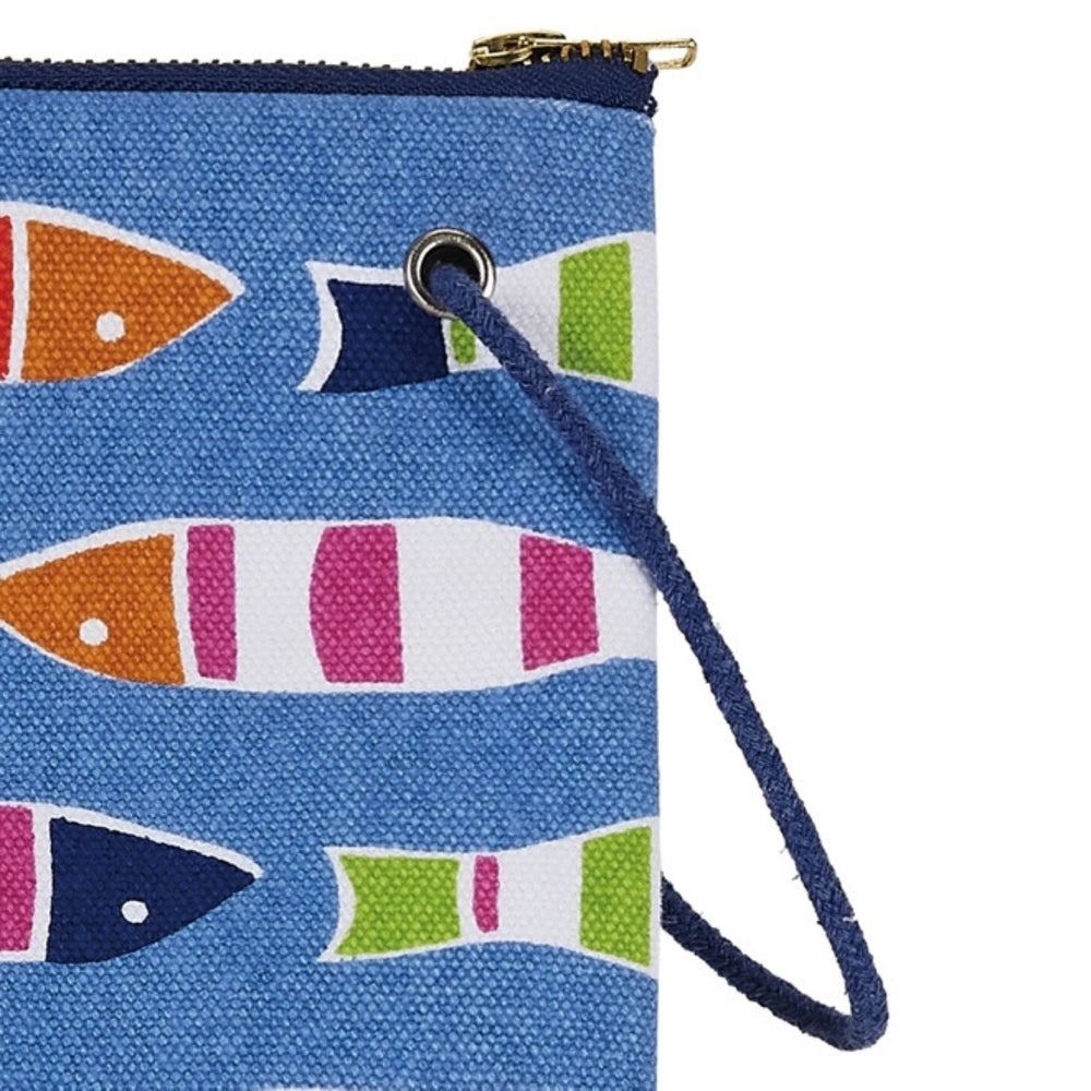 Full view of fish print wristlet pouch with zipper and strap