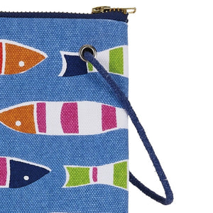 Blue cotton wristlet with colorful fish pattern and wrist strap detail