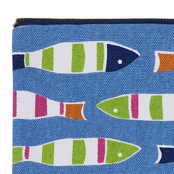 Close-up of fish design on blue fabric wristlet pouch