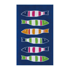 Full view of fish pattern beach towel laid flat with bright striped fish design