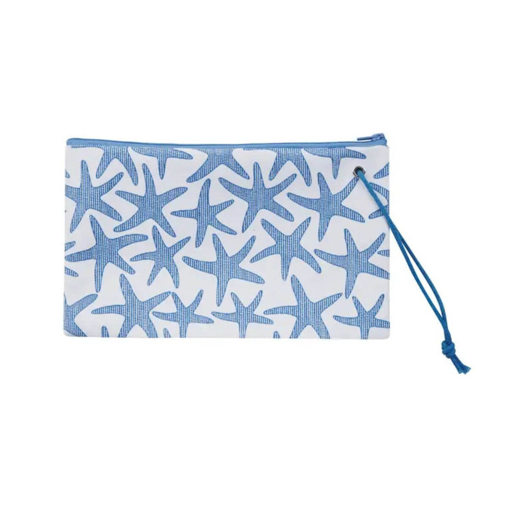 Blue and white starfish patterned pouch with a drawstring closure on a clean white background, perfect for storing small essentials.