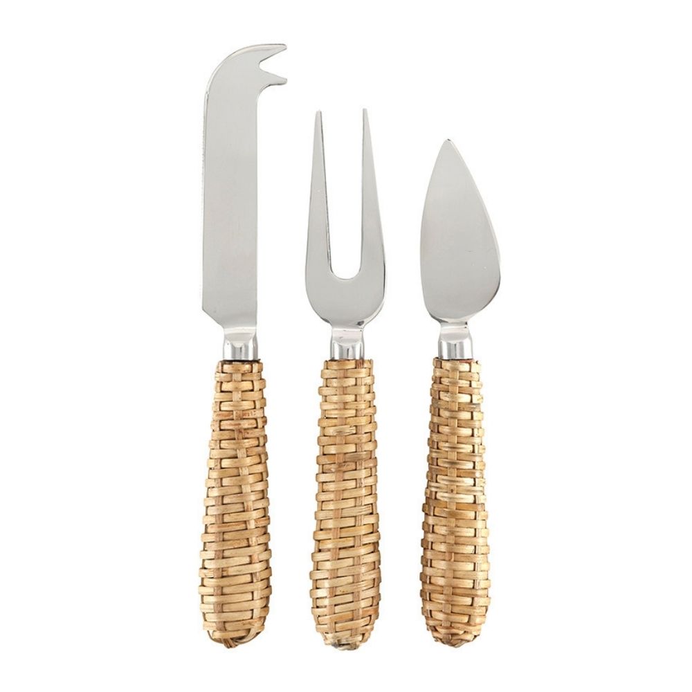 Set of three stainless steel cheese knives with natural rattan handles
