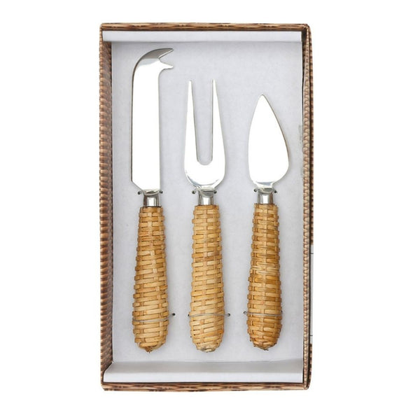 Rattan handled cheese knives set of 3 in gift box packaging.