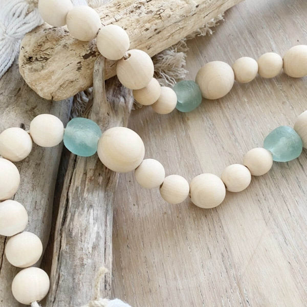 Aqua sea glass bead garland with tassels, coastal coffee table decor, 35"