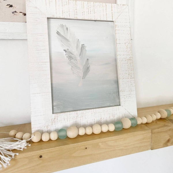 Aqua Sea Glass Bead Garland with Tassels, Coastal Home Décor Accent