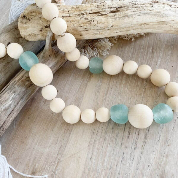 35" Recycled Sea Glass Garland with Wood Beads, Coastal Decor